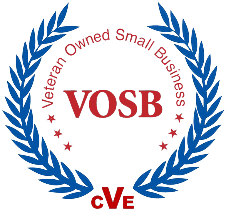 Veteran Owned Small Business (VOSB) logo with a blue laurel wreath and red text, indicating certification as a veteran-owned business.